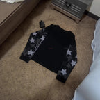 Waffle knit round neck top with star camouflage patchwork sleeves and letter printed men's and women's loose casual hoodie