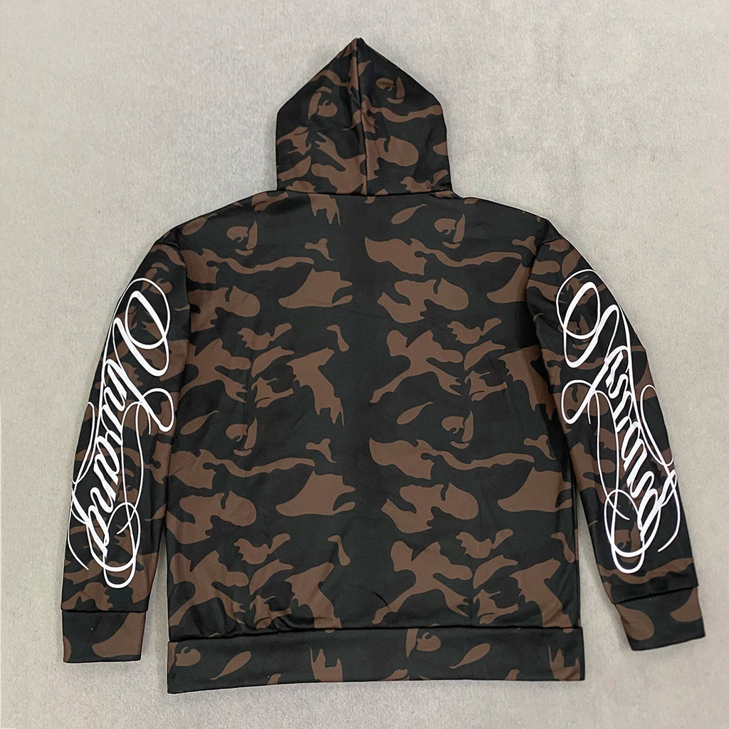 New Spring and Autumn Street Zipper Classic Camouflage Hoodie Sweatshirt Letter Printed Retro Hip Hop Casual