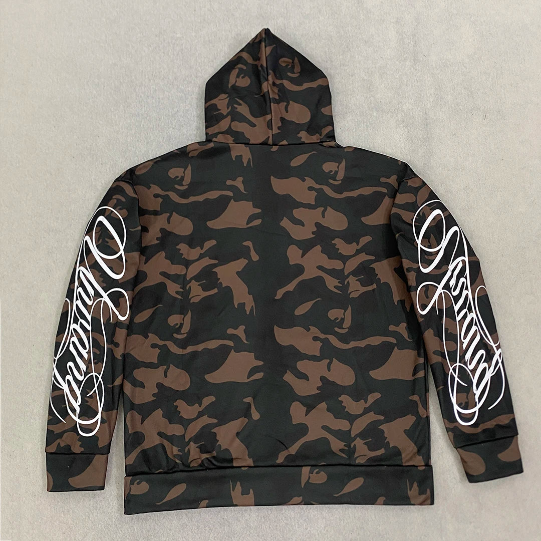 New Spring and Autumn Street Zipper Classic Camouflage Hoodie Sweatshirt Letter Printed Retro Hip Hop Casual