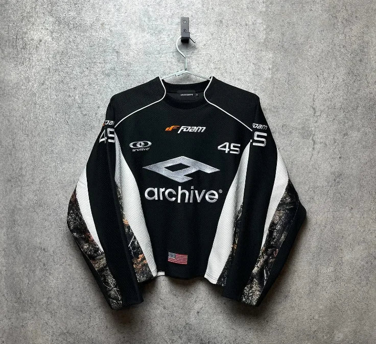 Vintage Racing Jersey Long Sleeve Cropped Top Y2K Streetwear Mesh Embroidered Letter Print Camo Patchwork Casual Sportswear