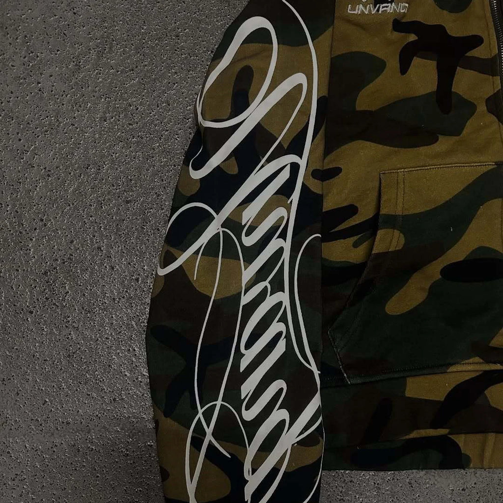 New Spring and Autumn Street Zipper Classic Camouflage Hoodie Sweatshirt Letter Printed Retro Hip Hop Casual