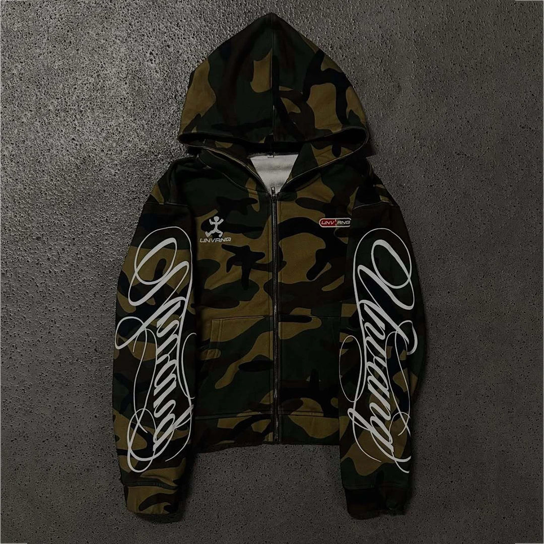 New Spring and Autumn Street Zipper Classic Camouflage Hoodie Sweatshirt Letter Printed Retro Hip Hop Casual
