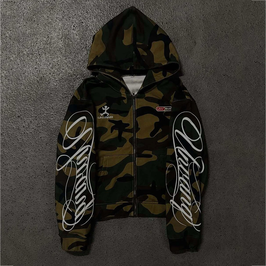 New Spring and Autumn Street Zipper Classic Camouflage Hoodie Sweatshirt Letter Printed Retro Hip Hop Casual