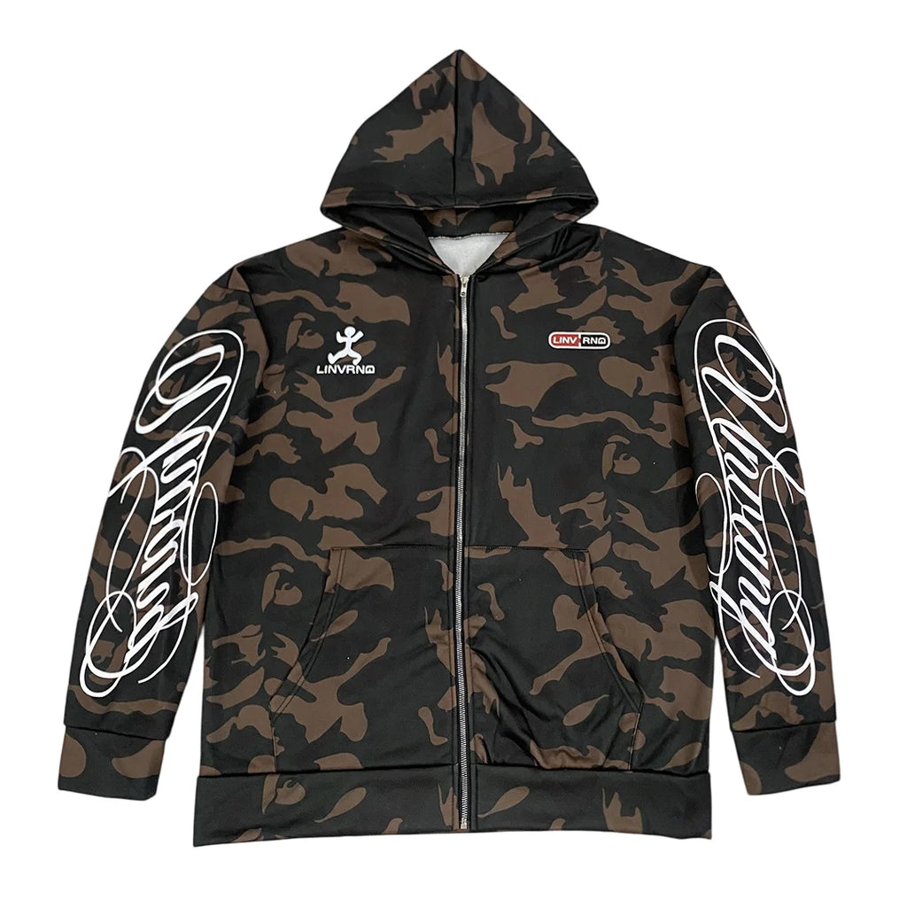 New Spring and Autumn Street Zipper Classic Camouflage Hoodie Sweatshirt Letter Printed Retro Hip Hop Casual