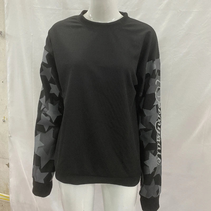 Waffle knit round neck top with star camouflage patchwork sleeves and letter printed men's and women's loose casual hoodie