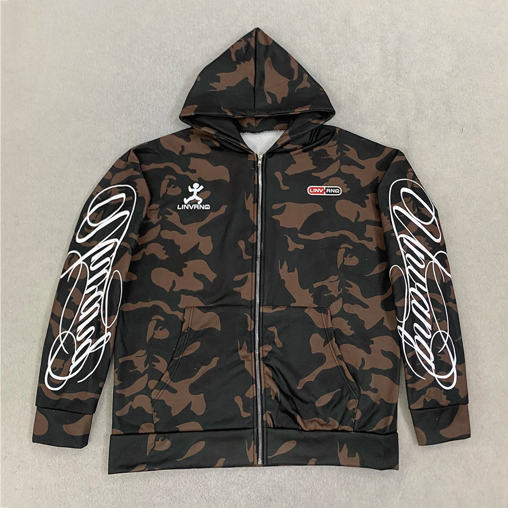 New Spring and Autumn Street Zipper Classic Camouflage Hoodie Sweatshirt Letter Printed Retro Hip Hop Casual