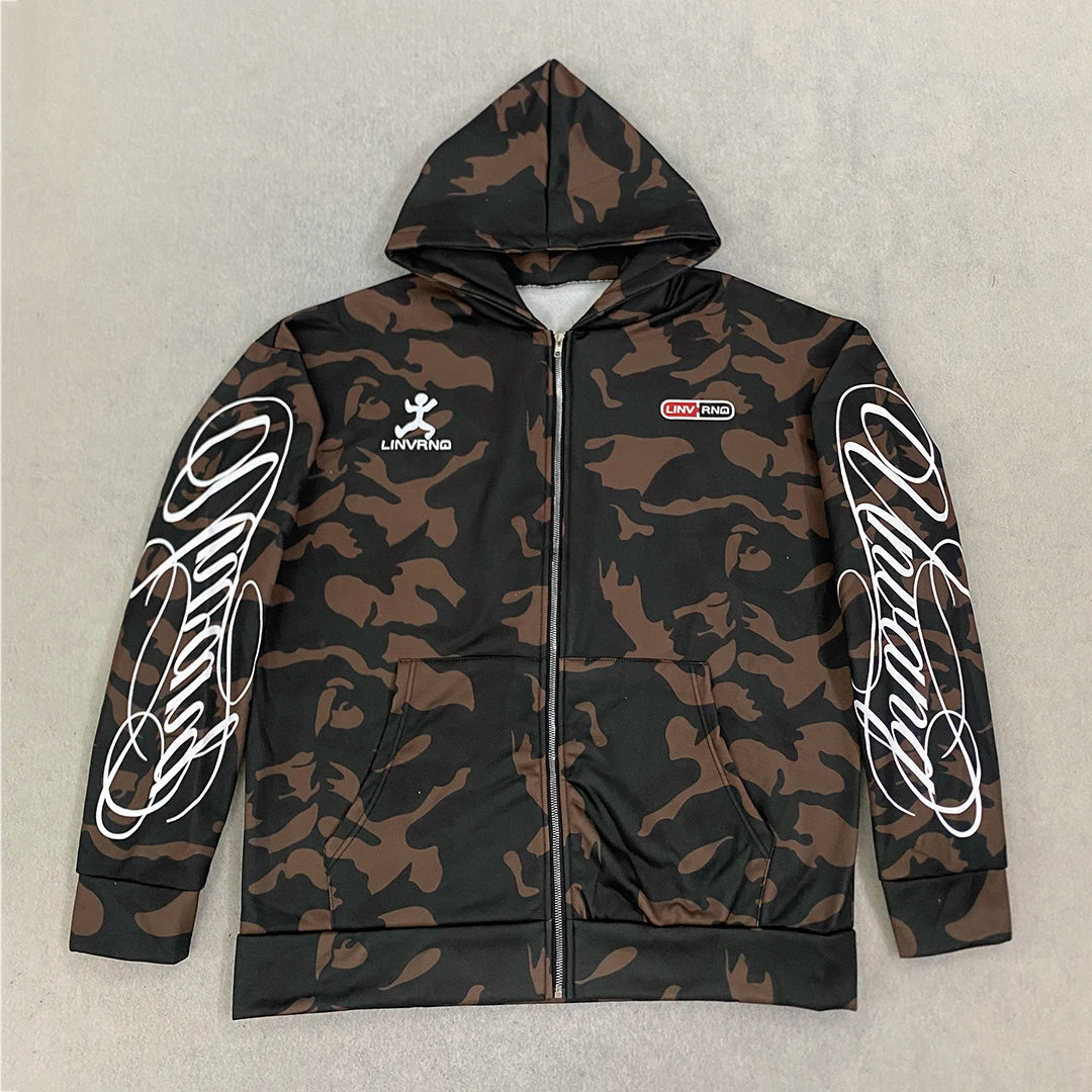 New Spring and Autumn Street Zipper Classic Camouflage Hoodie Sweatshirt Letter Printed Retro Hip Hop Casual
