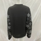 Waffle knit round neck top with star camouflage patchwork sleeves and letter printed men's and women's loose casual hoodie